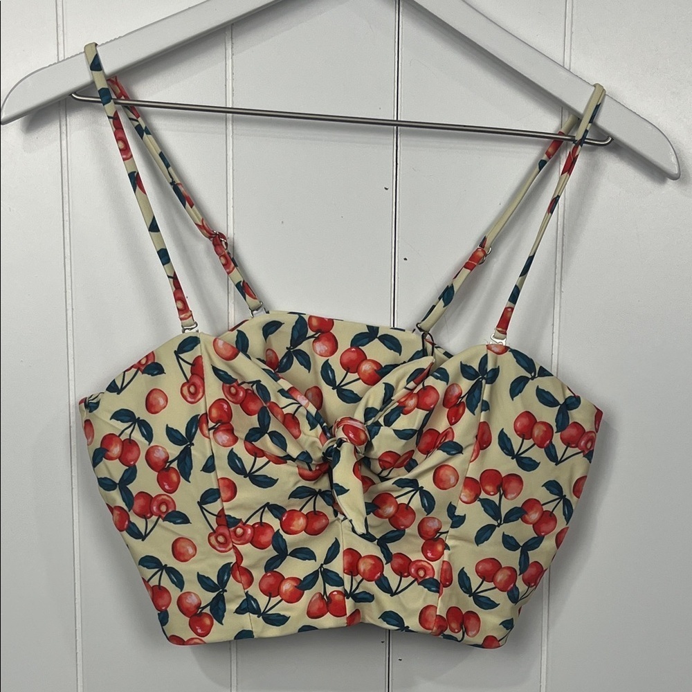 Zaful Womens 2-Piece Swim Suit M Red Cream Cherry Pattern High Waist Bottom NWT